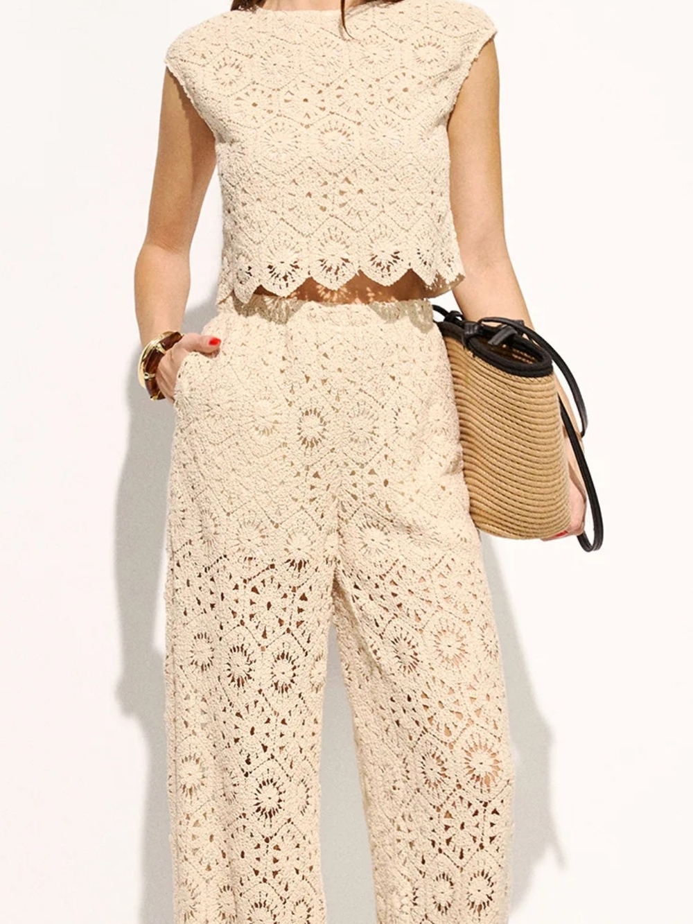 Commense Crochet Wide-Leg Jumpsuit in Cream